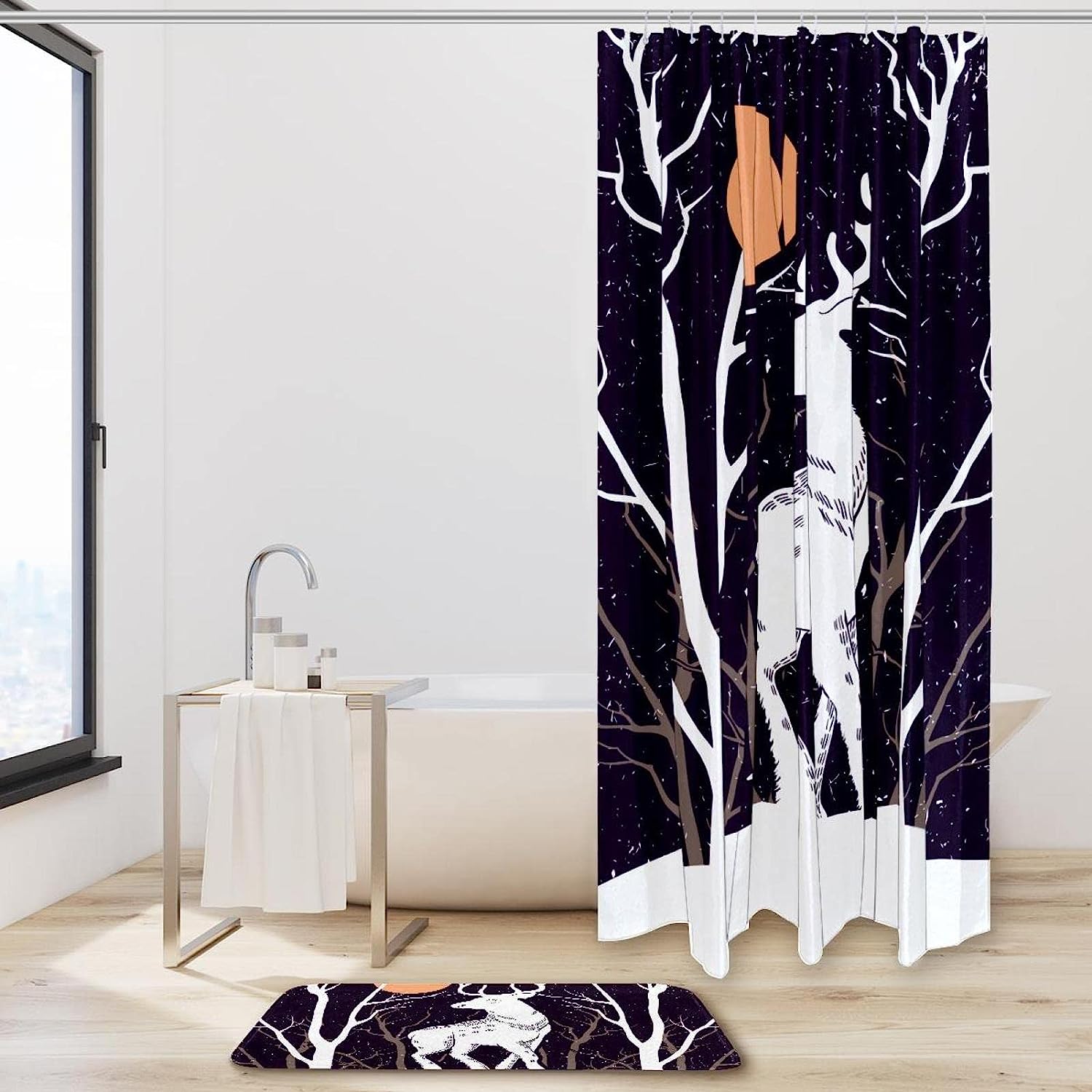 Serene Snow Deer Under Moon Waterproof Bathroom Shower Curtain