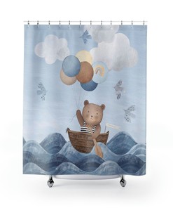 Serene Teddy Bear in a Row Boat at Sea Shower Curtain for Nautical Bathroom Decor