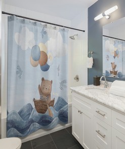 Serene Teddy Bear in a Row Boat at Sea Shower Curtain for Nautical Bathroom Decor