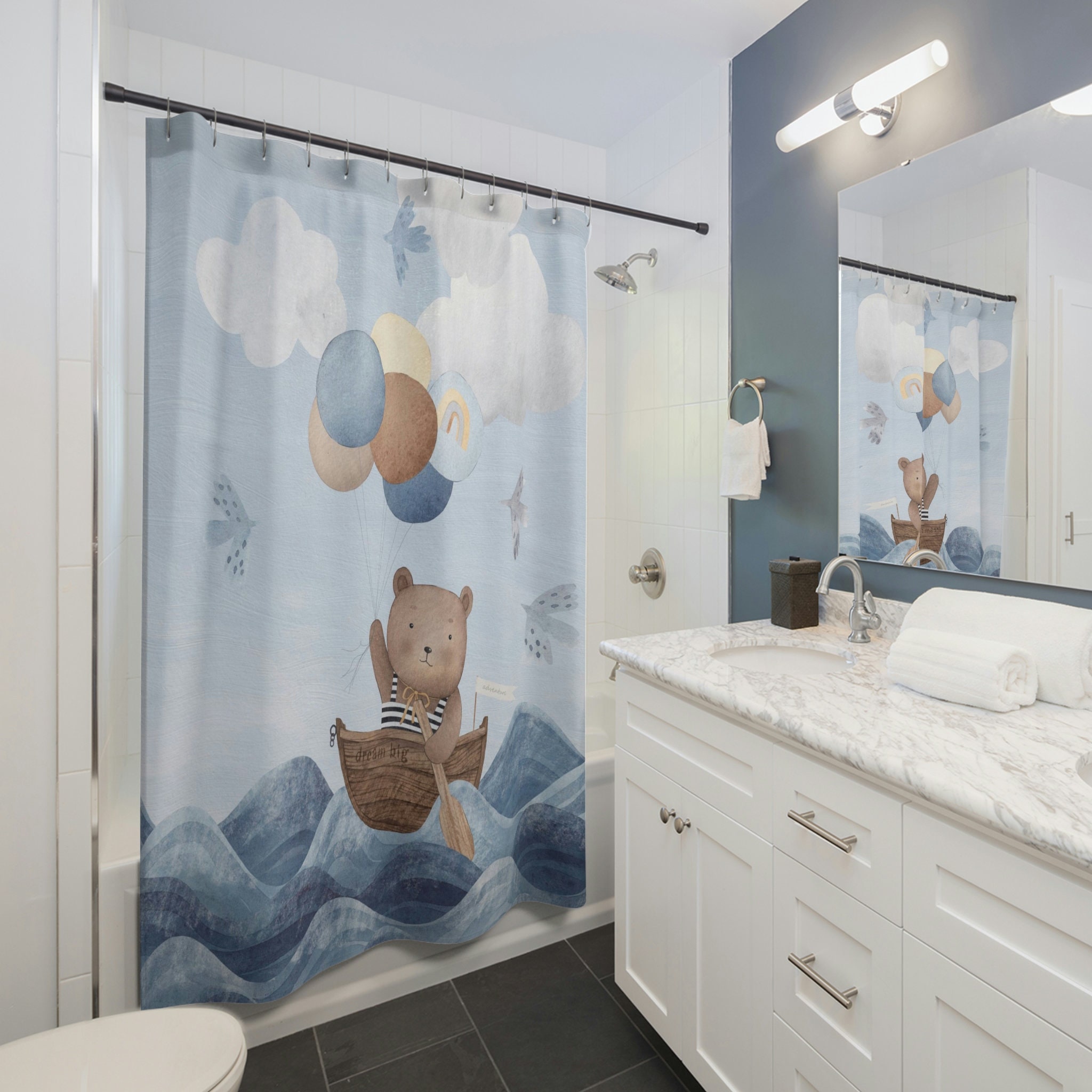 Serene Teddy Bear in a Row Boat at Sea Shower Curtain for Nautical Bathroom Decor