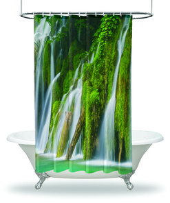 Serene Waterfall Lake And Trees Nature View Shower Curtain With Waterproof Fabric