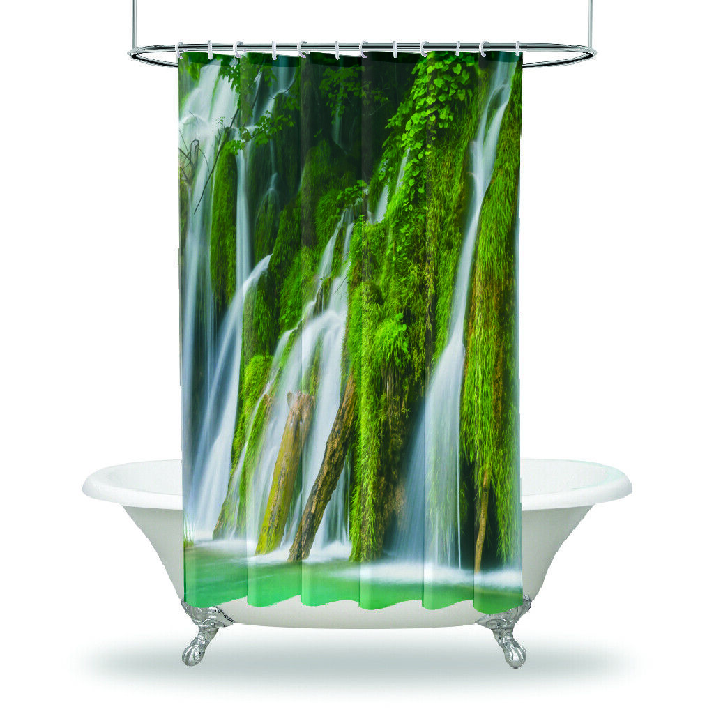 Serene Waterfall Lake And Trees Nature View Shower Curtain With Waterproof Fabric
