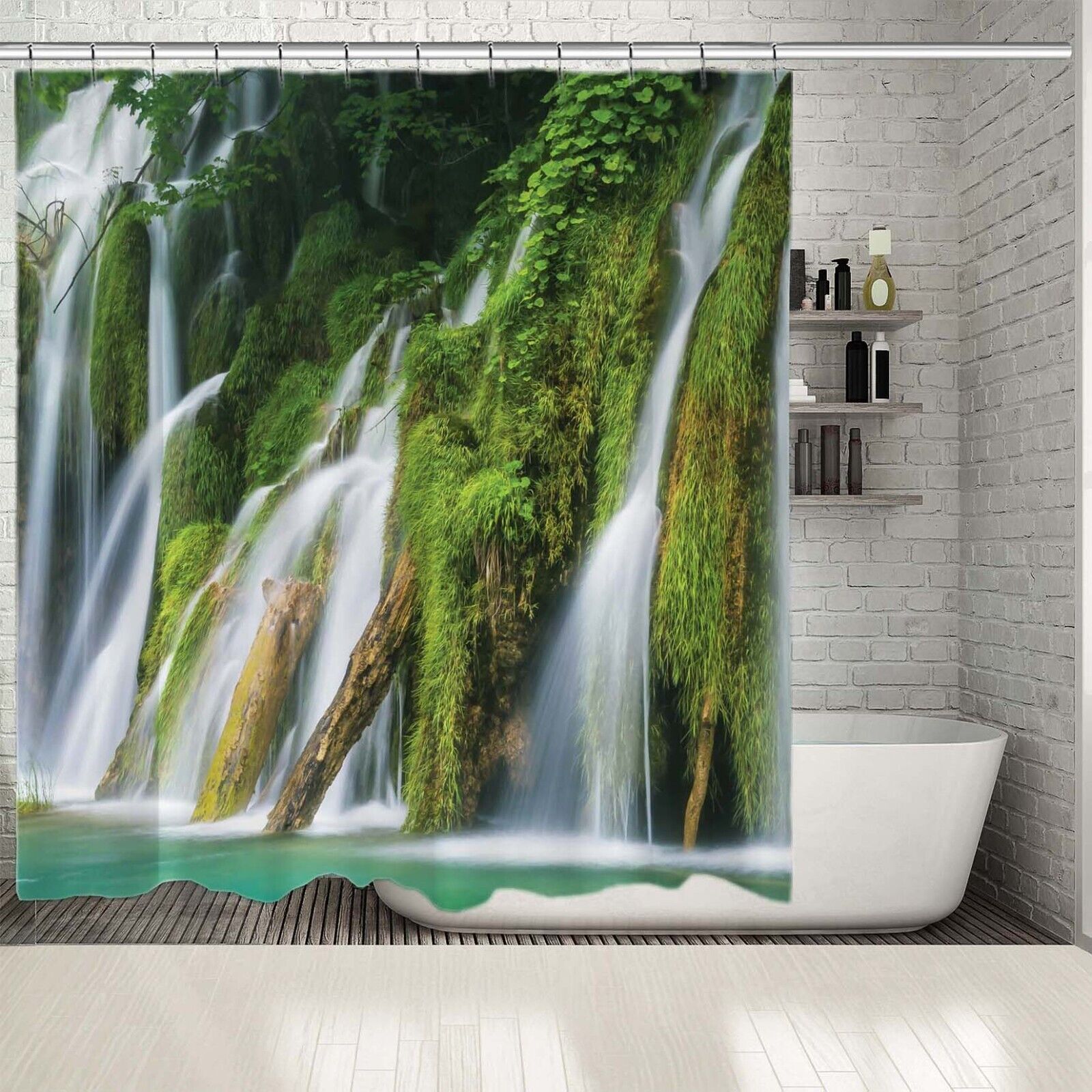 Serene Waterfall Lake And Trees Nature View Shower Curtain With Waterproof Fabric - Image 2
