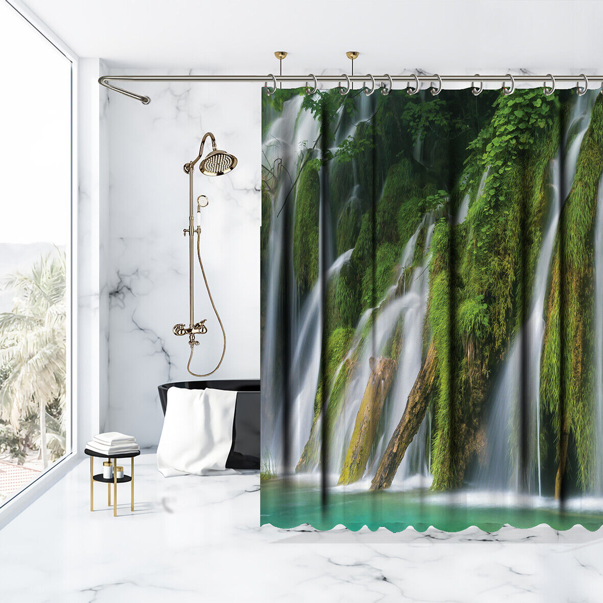 Serene Waterfall Lake And Trees Nature View Shower Curtain With Waterproof Fabric - Image 3