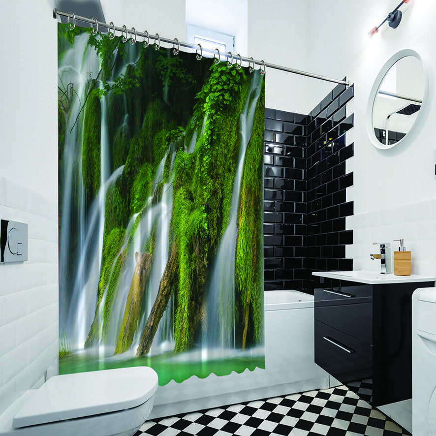Serene Waterfall Lake And Trees Nature View Shower Curtain With Waterproof Fabric - Image 4