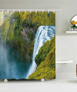 Serene Waterfall and Forest Shower Curtain for a Tranquil Bathroom Decor