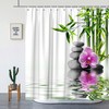 Serene Zen Shower Curtain with Green Bamboo, Purple Flower and Stone Print for a Relaxing Bathroom Decor 