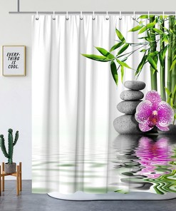 Serene Zen Shower Curtain with Green Bamboo, Purple Flower and Stone Print for a Relaxing Bathroom Decor 