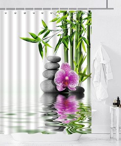 Serene Zen Shower Curtain with Green Bamboo, Purple Flower and Stone Print for a Relaxing Bathroom Decor
