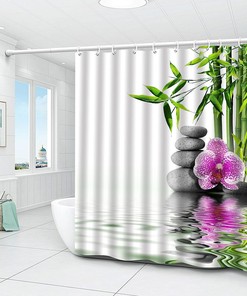 Serene Zen Shower Curtain with Green Bamboo, Purple Flower and Stone Print for a Relaxing Bathroom Decor 