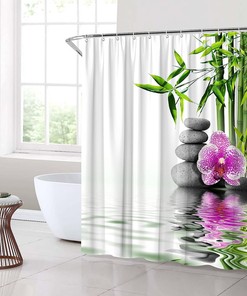 Serene Zen Shower Curtain with Green Bamboo, Purple Flower and Stone Print for a Relaxing Bathroom Decor 