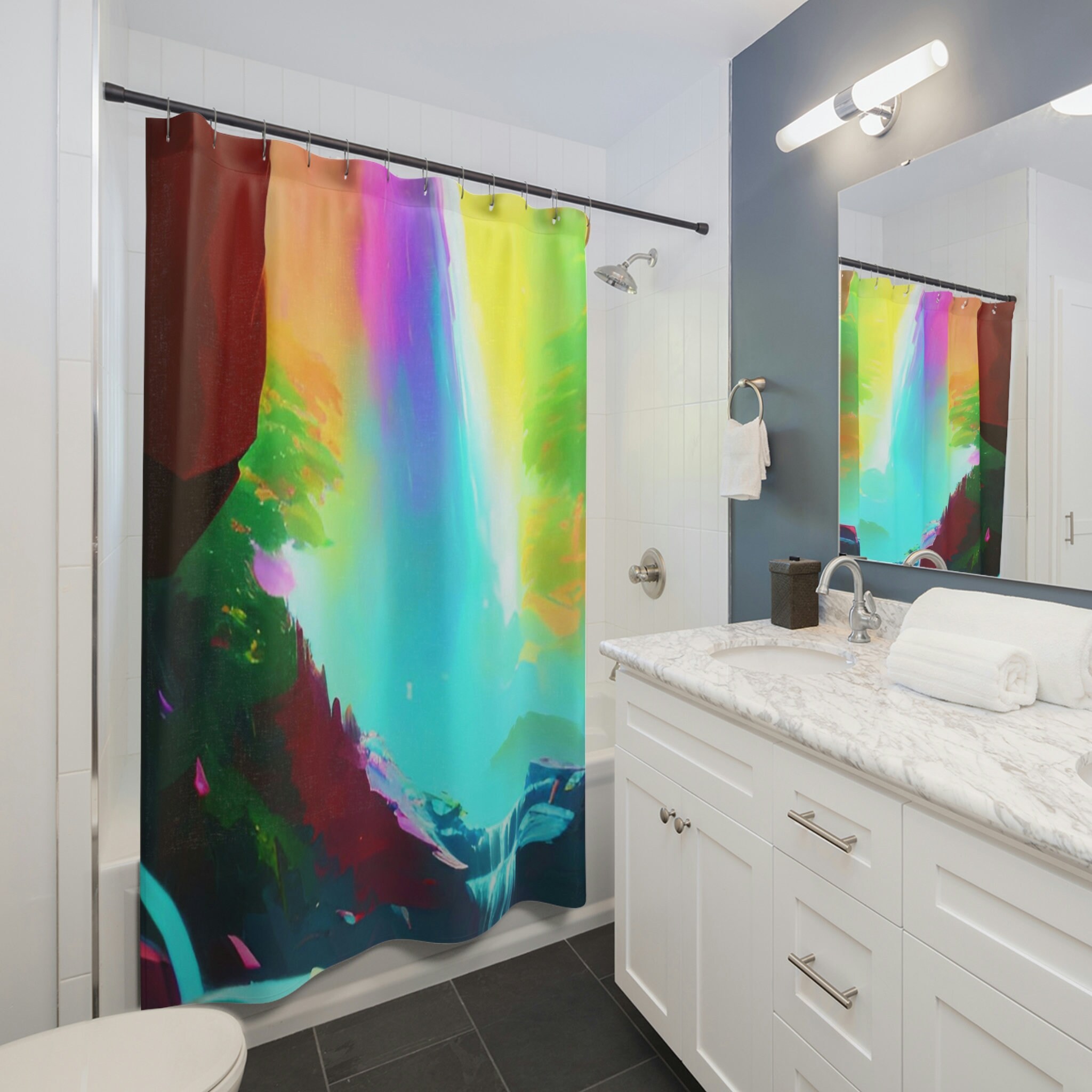 Serene and Awe-Inspiring Rainbow Waterfall Shower Curtain for a Zen Bathroom