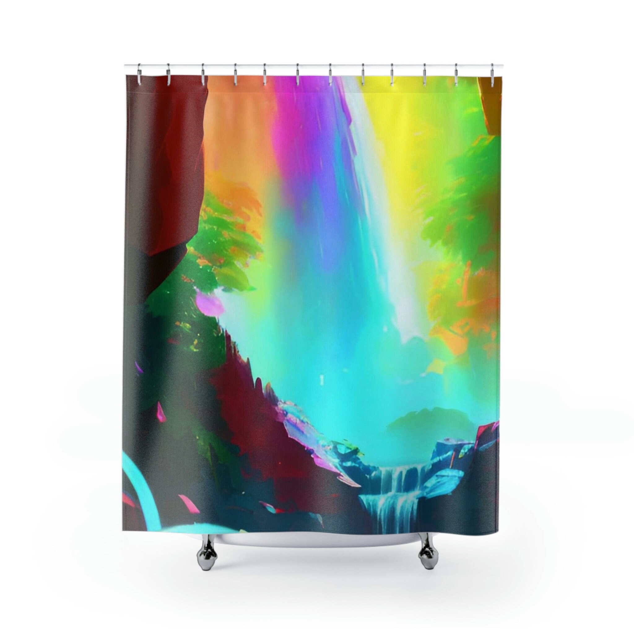 Serene and Awe-Inspiring Rainbow Waterfall Shower Curtain for a Zen Bathroom