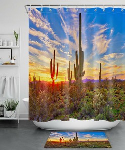 Serene and Natural Cactus Sunset Scenery Shower Curtain for Rustic Bathroom Decor