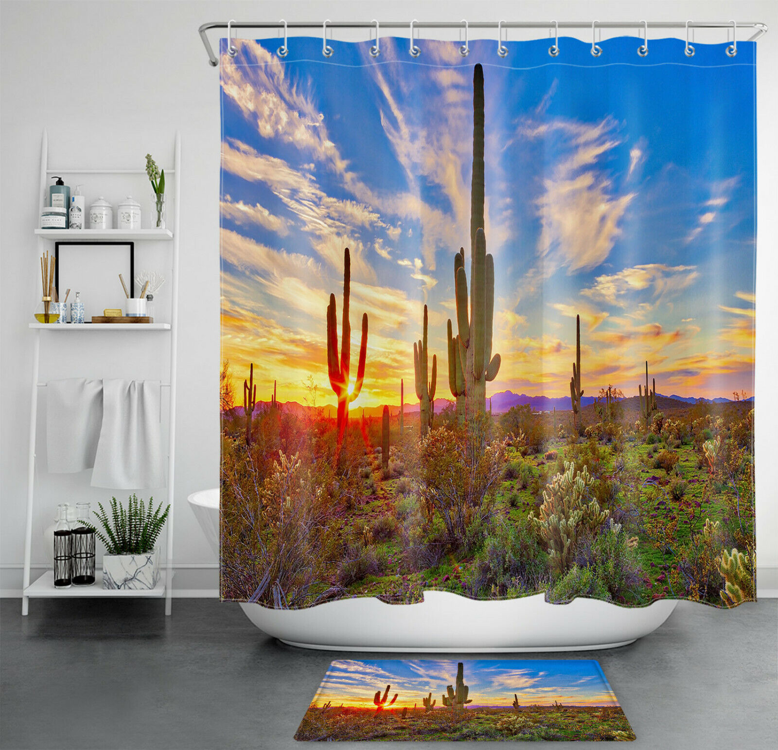 Serene and Natural Cactus Sunset Scenery Shower Curtain for Rustic Bathroom Decor
