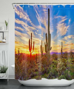 Serene and Natural Cactus Sunset Scenery Shower Curtain for Rustic Bathroom Decor