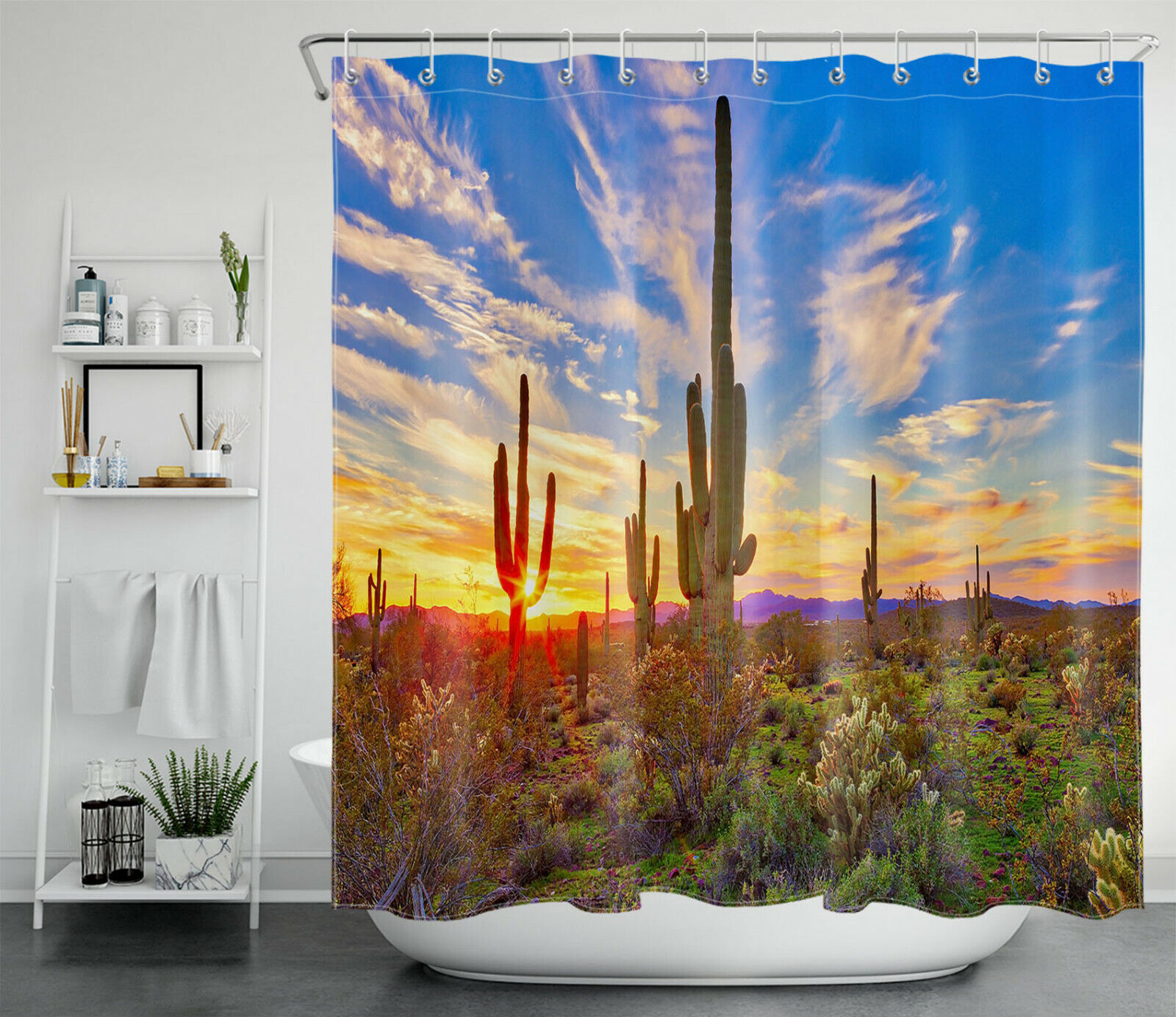 Serene and Natural Cactus Sunset Scenery Shower Curtain for Rustic Bathroom Decor