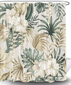 Serene and Vintage Sage Green Tropical Plant Shower Curtain with Palm Leaves Bath Curtain