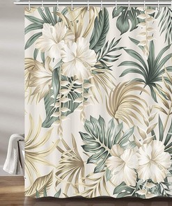 Serene and Vintage Sage Green Tropical Plant Shower Curtain with Palm Leaves Bath Curtain