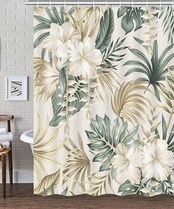 Serene and Vintage Sage Green Tropical Plant Shower Curtain with Palm Leaves Bath Curtain