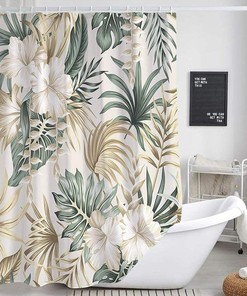 Serene and Vintage Sage Green Tropical Plant Shower Curtain with Palm Leaves Bath Curtain