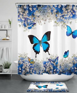 Serenity And Grace With Blue Butterfly Shower Curtain - Spring Nature Flower Scenery For Your Bathroom