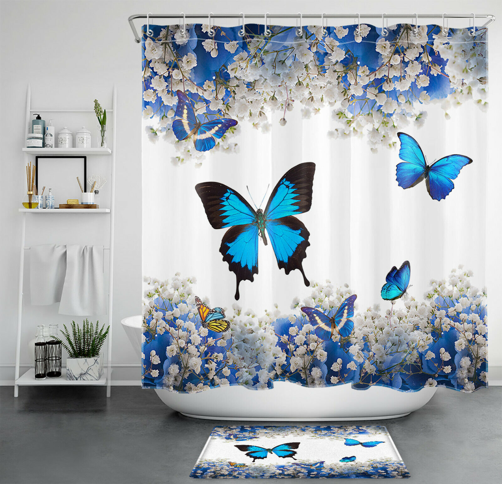 Serenity And Grace With Blue Butterfly Shower Curtain - Spring Nature Flower Scenery For Your Bathroom