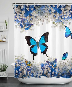 Serenity And Grace With Blue Butterfly Shower Curtain - Spring Nature Flower Scenery For Your Bathroom