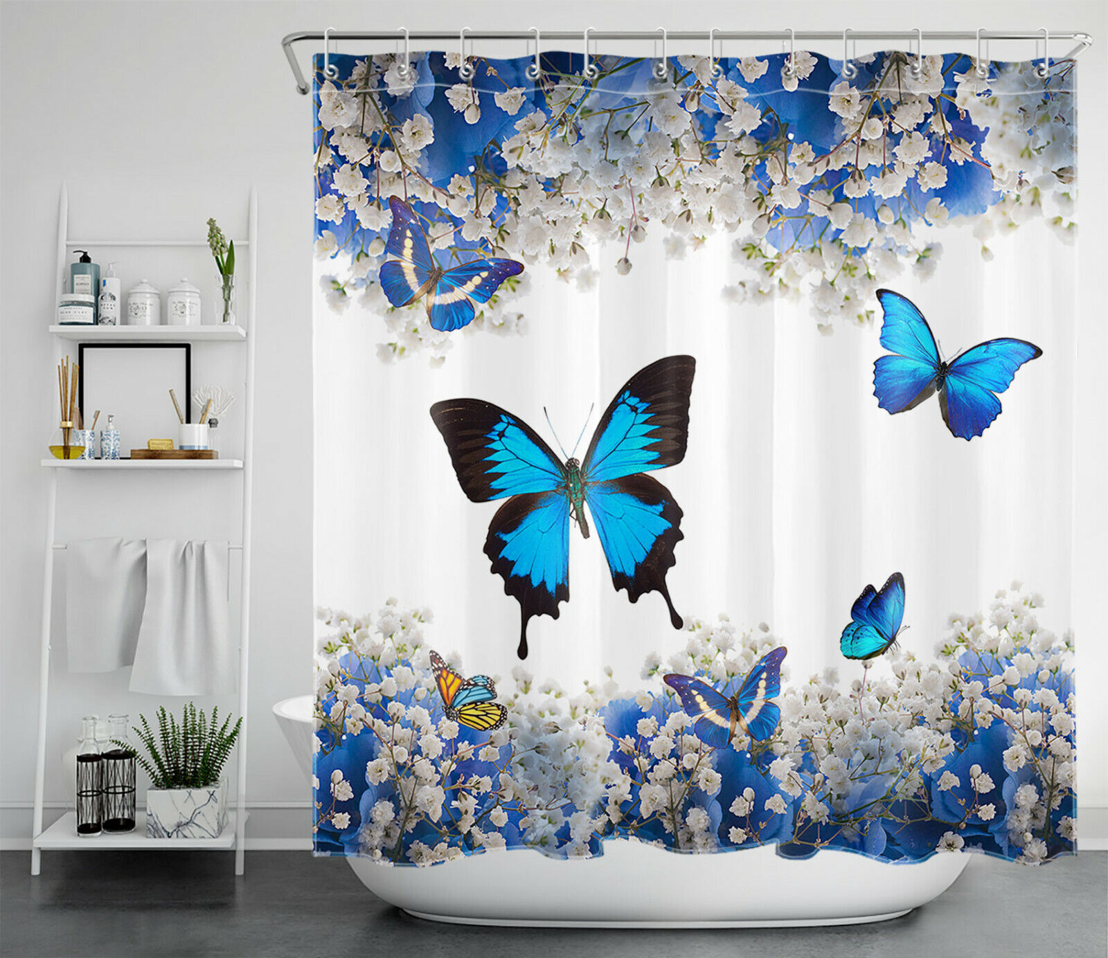 Serenity And Grace With Blue Butterfly Shower Curtain - Spring Nature Flower Scenery For Your Bathroom
