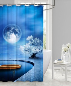 Set Sail To Relaxation With 3D Ocean Boat Harbor Moon Print Shower Curtain Bathroom Supplies