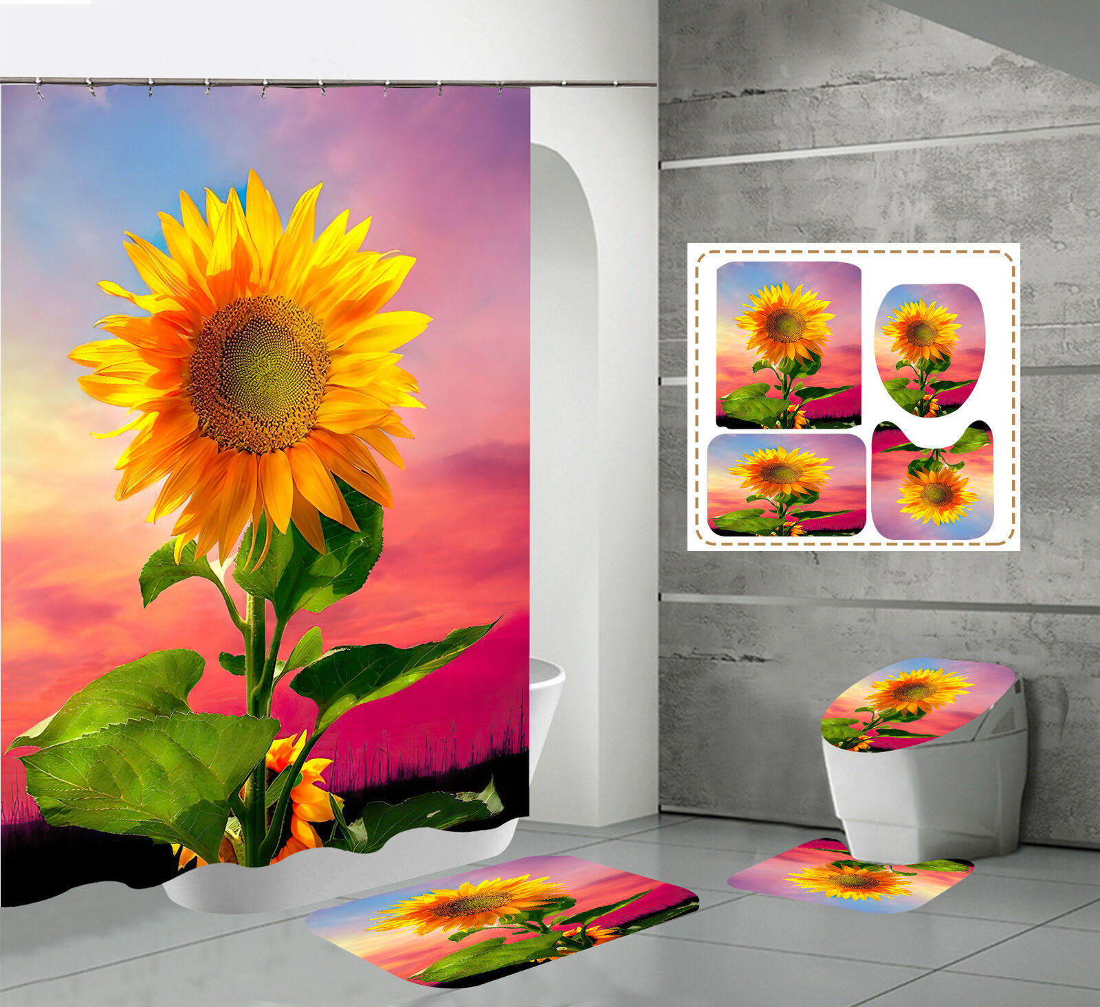 Setting Sun Sunflower Print Shower Curtain, Waterproof Fabric, Bathtub Bathroom Decor