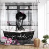 Sexy African American Woman Shower Curtain With Grey Pink Floral And Afro Lady Fashion Design