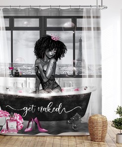 Sexy African American Woman Shower Curtain With Grey Pink Floral And Afro Lady Fashion Design