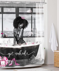 Sexy African American Woman Shower Curtain With Grey Pink Floral And Afro Lady Fashion Design