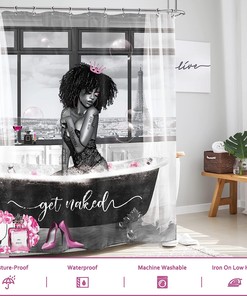 Sexy African American Woman Shower Curtain With Grey Pink Floral And Afro Lady Fashion Design