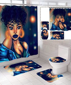 Sexy Afro Women African Shower Curtain Set With U Shape Mat & Bathroom Accessories