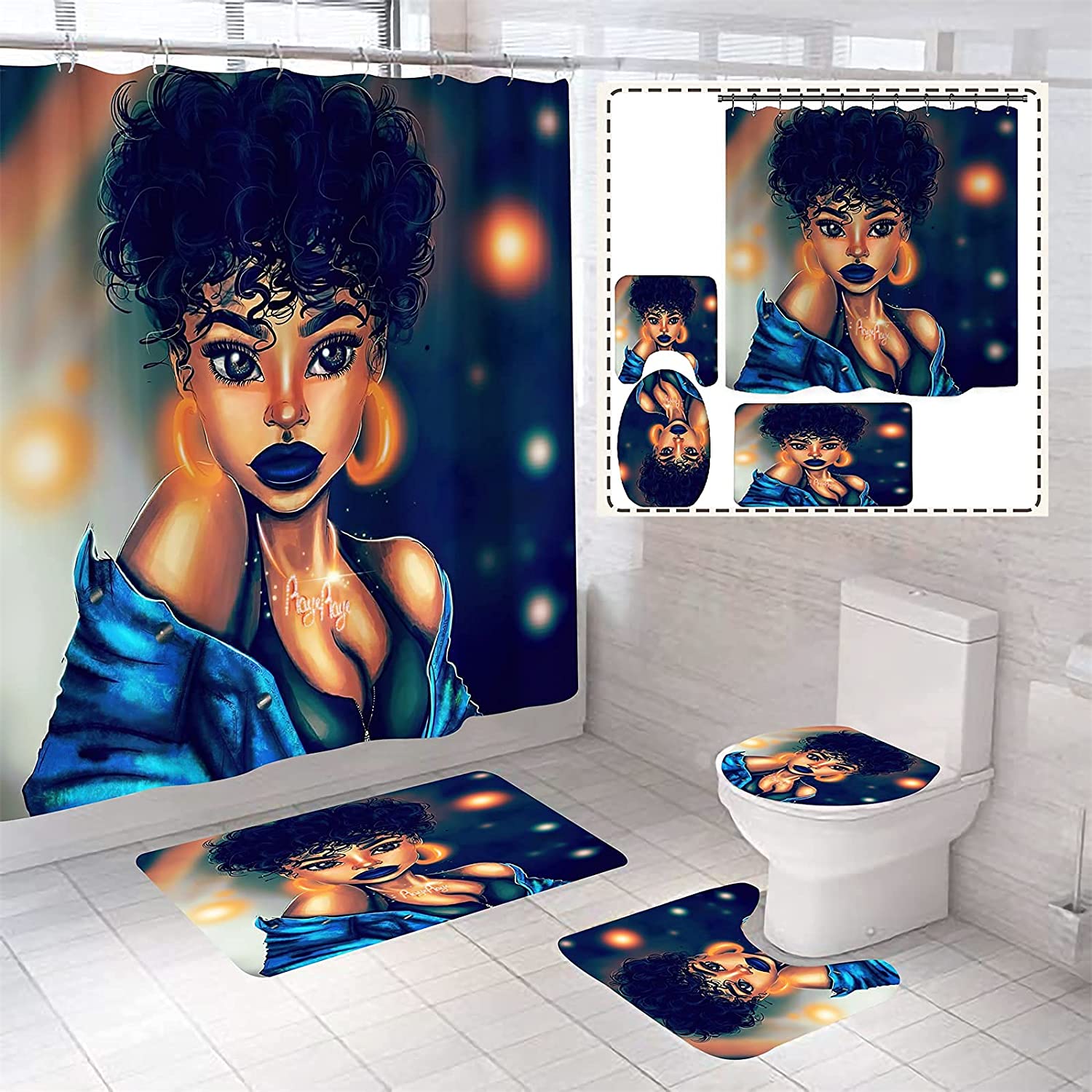 Sexy Afro Women African Shower Curtain Set With U Shape Mat & Bathroom Accessories