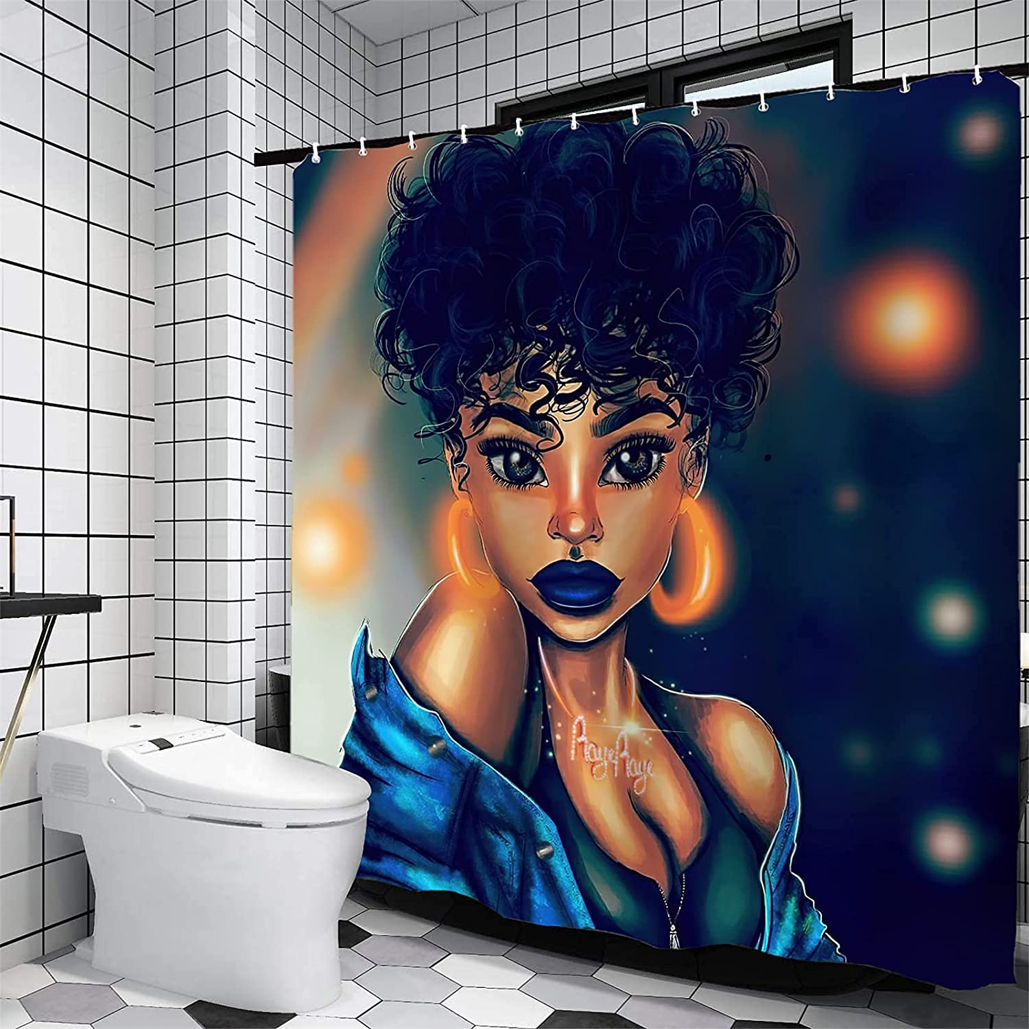 Sexy Afro Women African Shower Curtain Set With U Shape Mat & Bathroom Accessories - Image 3