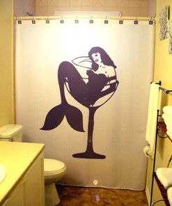 Sexy Mermaid Pin-Up Girl Shower Curtain, Bathroom Decor with Martini Print