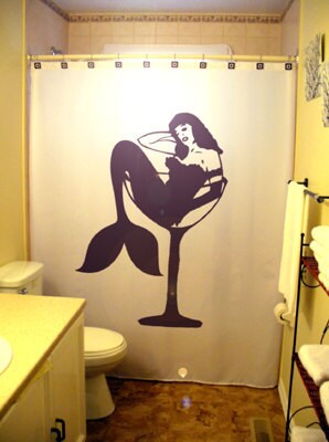 Sexy Mermaid Pin-Up Girl Shower Curtain, Bathroom Decor with Martini Print
