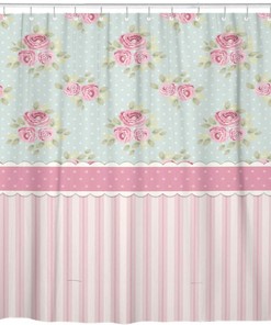 Shabby Chic Floral Shower Curtain | Pink Roses And Polka Dots Bathroom Decor