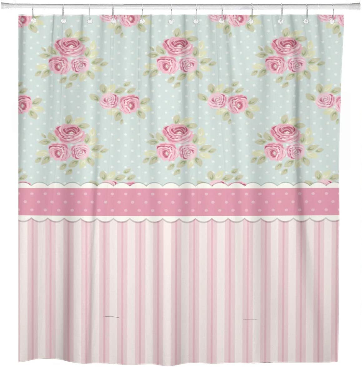 Shabby Chic Floral Shower Curtain | Pink Roses And Polka Dots Bathroom Decor