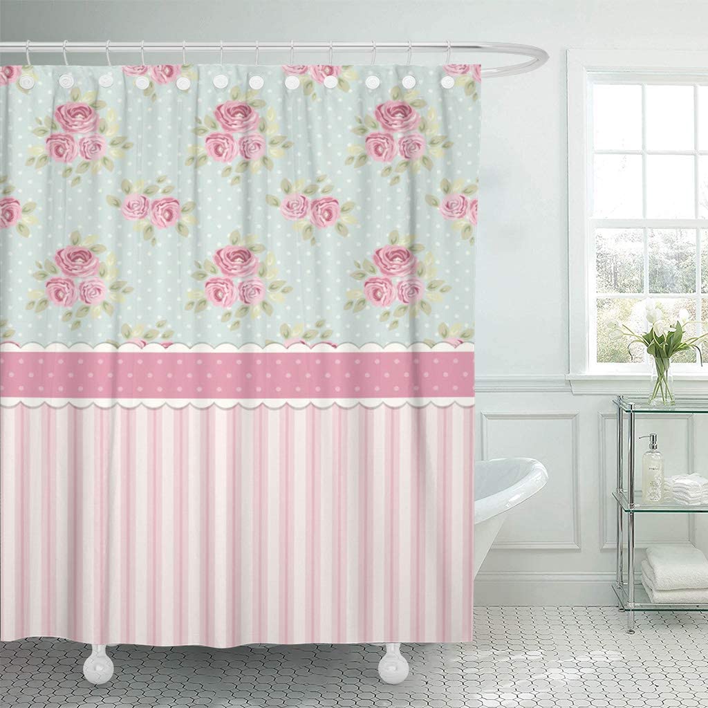 Shabby Chic Floral Shower Curtain | Pink Roses And Polka Dots Bathroom Decor - Image 2