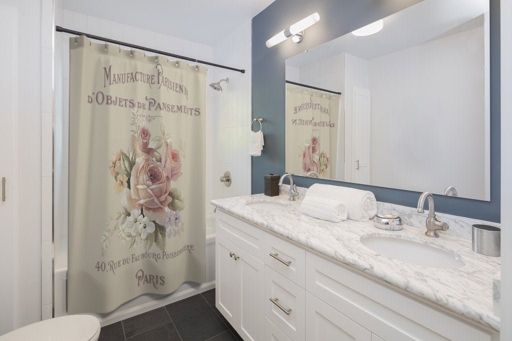 Shabby Chic Paris Rose Shower Curtain for Romantic Bathroom Decor