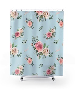 Shabby Chic Roses Print Shower Curtain for French Country Bathroom Decor
