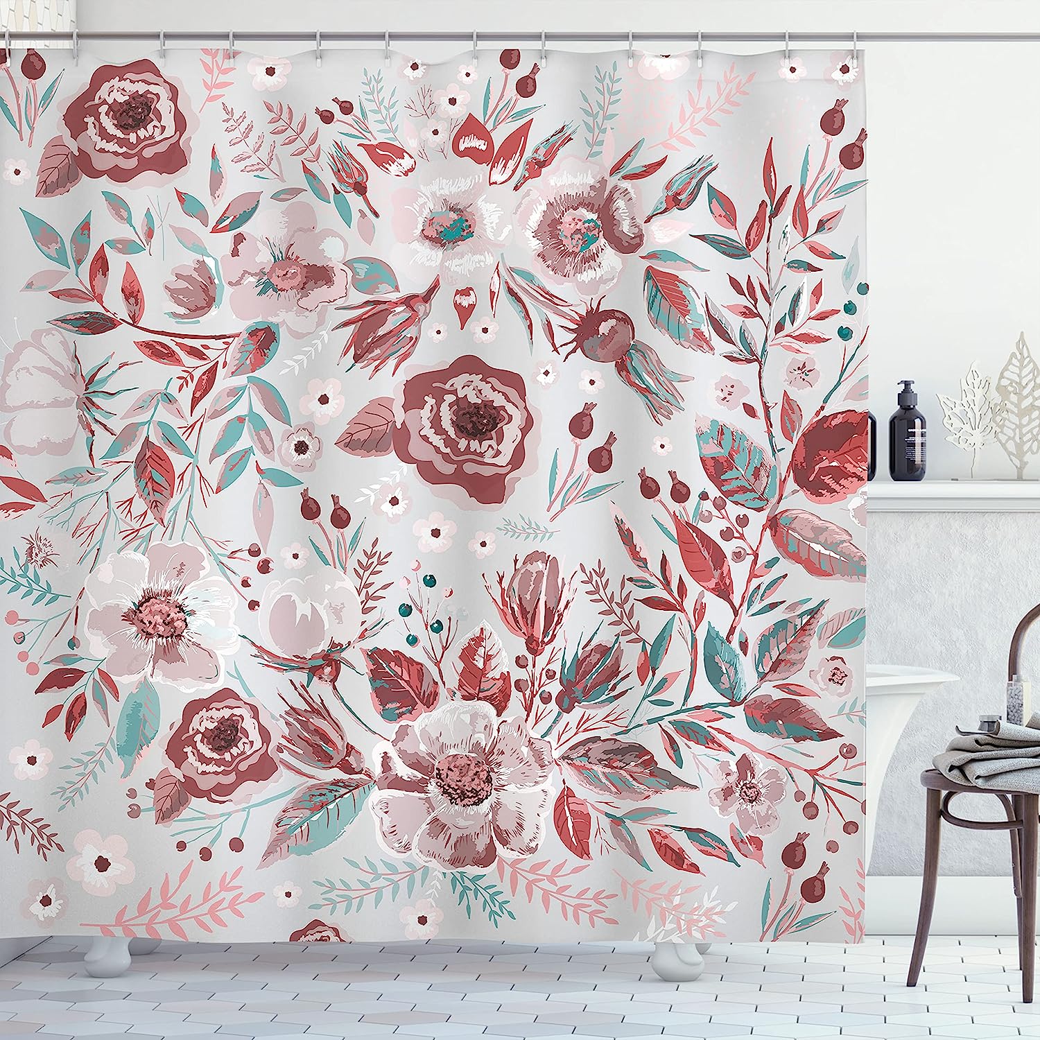 Shabby Form Flowers Roses Petals Dots Shower Curtain, Leaves Buds Artwork Theme Image Cloth Fabric Bathroom Decors