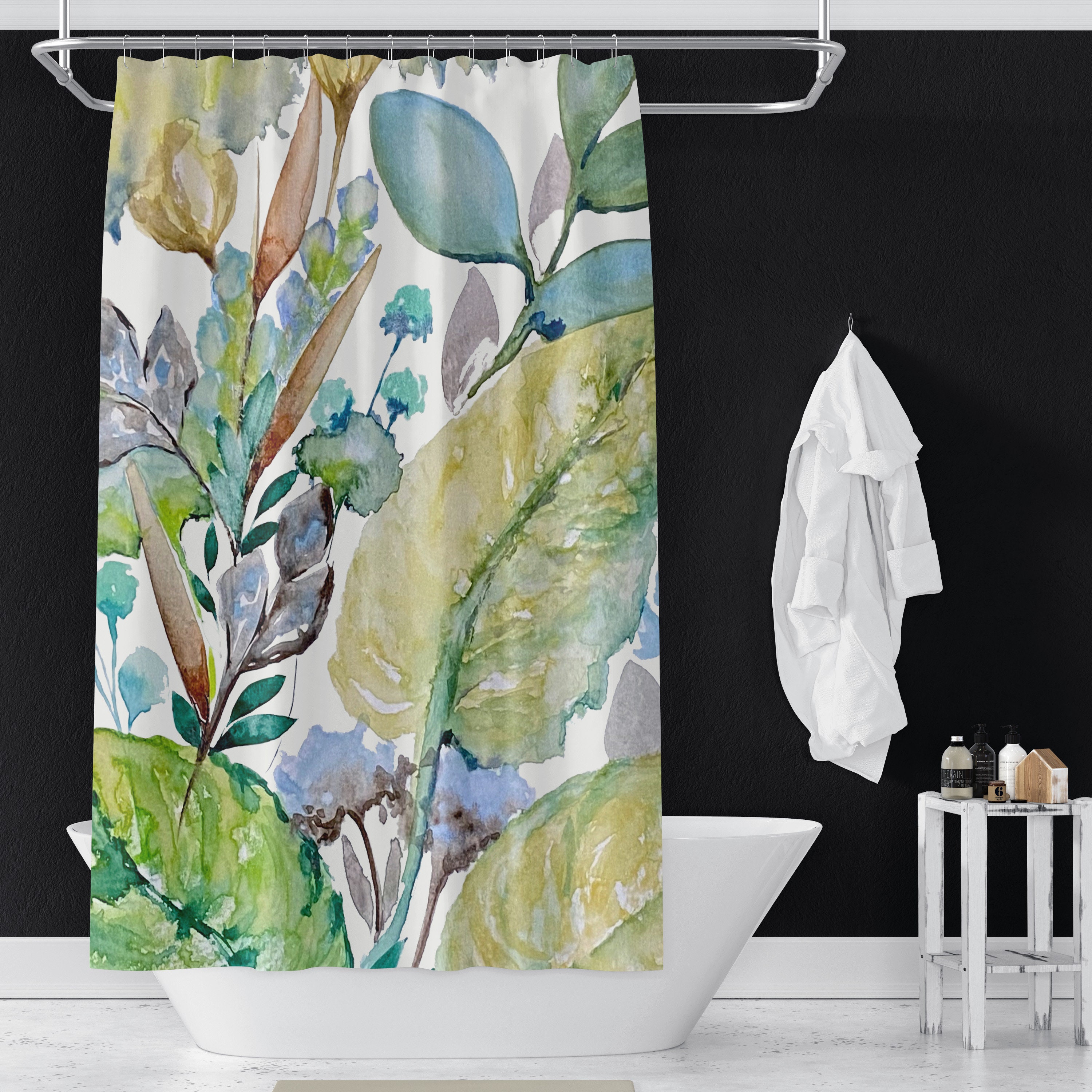 Shade Garden Watercolor Print Shower Curtain, Floral Bathroom Decor