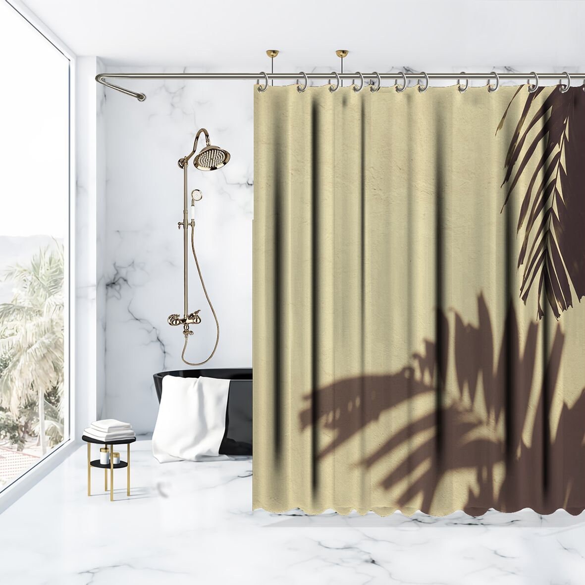 Shadow Palm Leaf Print Shower Curtain, Waterproof Fabric for Bathroom Decor