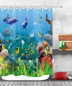 Shallow Coral and Dolphins Print Shower Curtain, Fabric for Bathroom Decor
