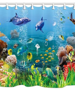 Shallow Coral and Dolphins Print Shower Curtain, Fabric for Bathroom Decor